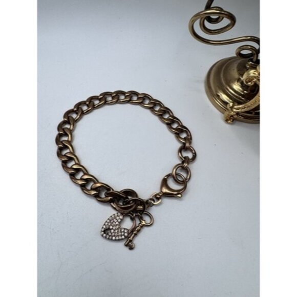 Fossil Link Bracelet Rose Gold Tone, Rhinestone Heart Lock Charm Whit Key- Cute - Picture 8 of 13